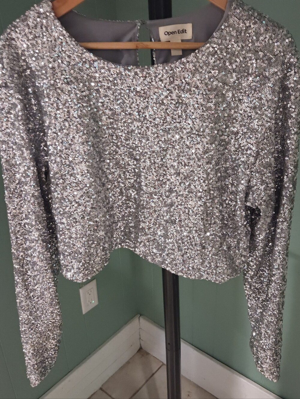 Silver Sequin Cropped Top, Large, Open Edit Sparkle, Festive, Maximalism